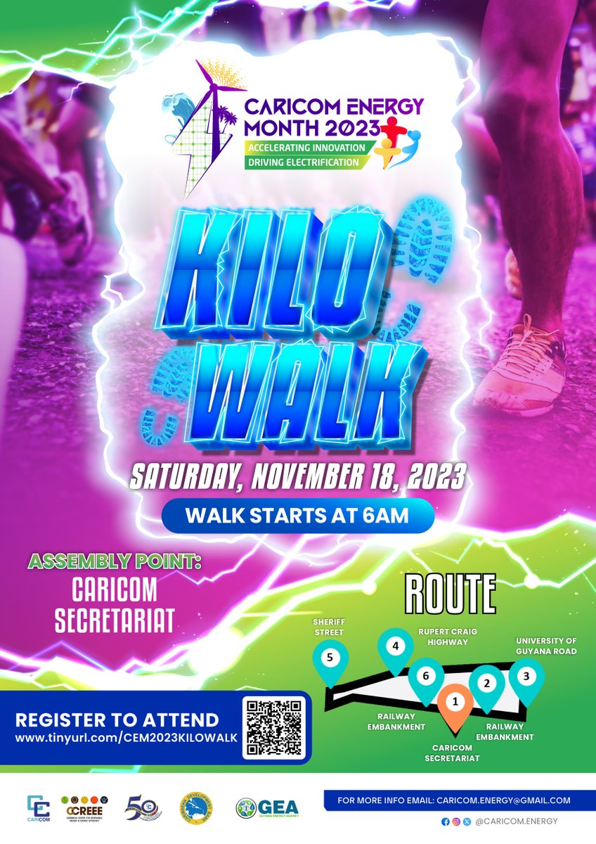 #SAVETHEDATE 
🏃🏾CEM Regional Energy Kilo-Walk
🗒️Accelerating Innovation - Driving Electrification
📅 18 Nov 2023
⏰ 6:00 am AST
📍CARICOM Secretariat 🇬🇾
📲 Register now at: bit.ly/3tWEkMQ

#CARICOMENERGY #CSEF2023 #CSEF8 #CEM23 #ENERGYMONTH