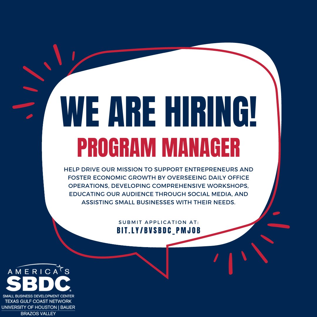 BV_SBDC's tweet photo. The Brazos Valley Small Business Development Center (BVSBDC) wants you to play a pivotal role in our mission!

We are seeking a qualified and talented Program Manager to join the team!

To learn more and apply, please visit https://t.co/yp5yhXjgdJ. https://t.co/CSGGSGw4oP