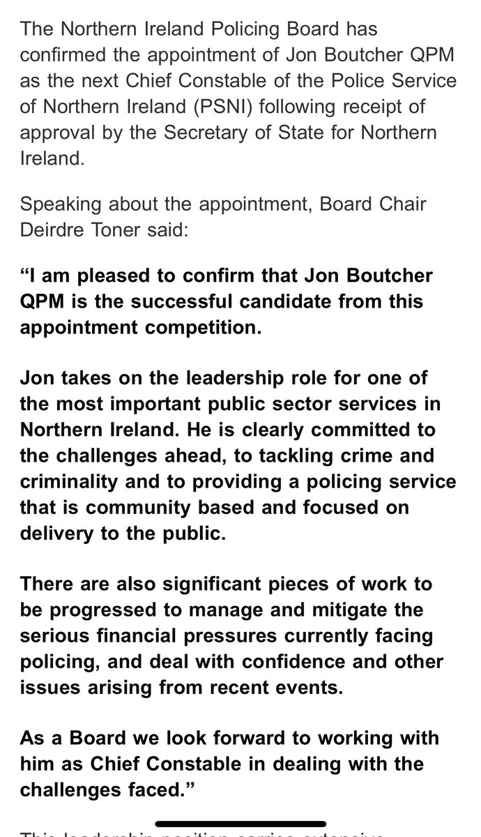 Policing Board confirms the Interim Chief Constable Jon Boutcher will become Chief Constable after yesterdays interview process