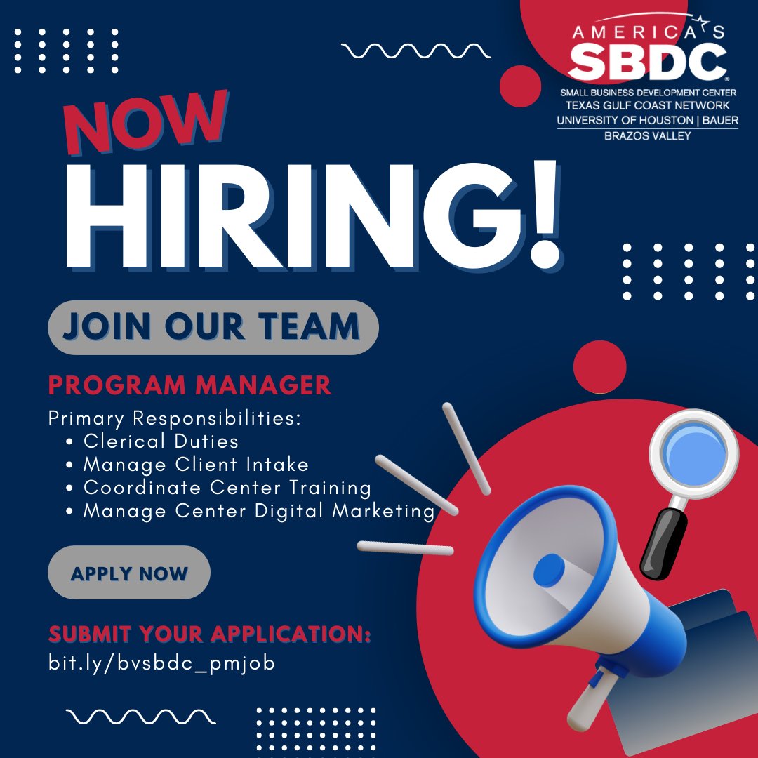 BV_SBDC's tweet photo. The Brazos Valley Small Business Development Center (BVSBDC) wants you to play a pivotal role in our mission!

We are seeking a qualified and talented Program Manager to join the team!

To learn more and apply, please visit https://t.co/yp5yhXjgdJ. https://t.co/YFuUTTVJvn