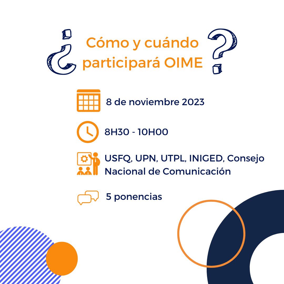 OimeEcuador's tweet photo. Mañana 8 de noviembre a las 8h30, OIME tendrá una mesa académica en el #PerDebate23.
Para más información:
Web Congreso PerDebate23 https://t.co/BoIbvRzDPV
Agenda PerDebate23 https://t.co/lr1p1JjdTq
Registro gratuito https://t.co/STh4SiKtIz… https://t.co/MLFt5Sp773
