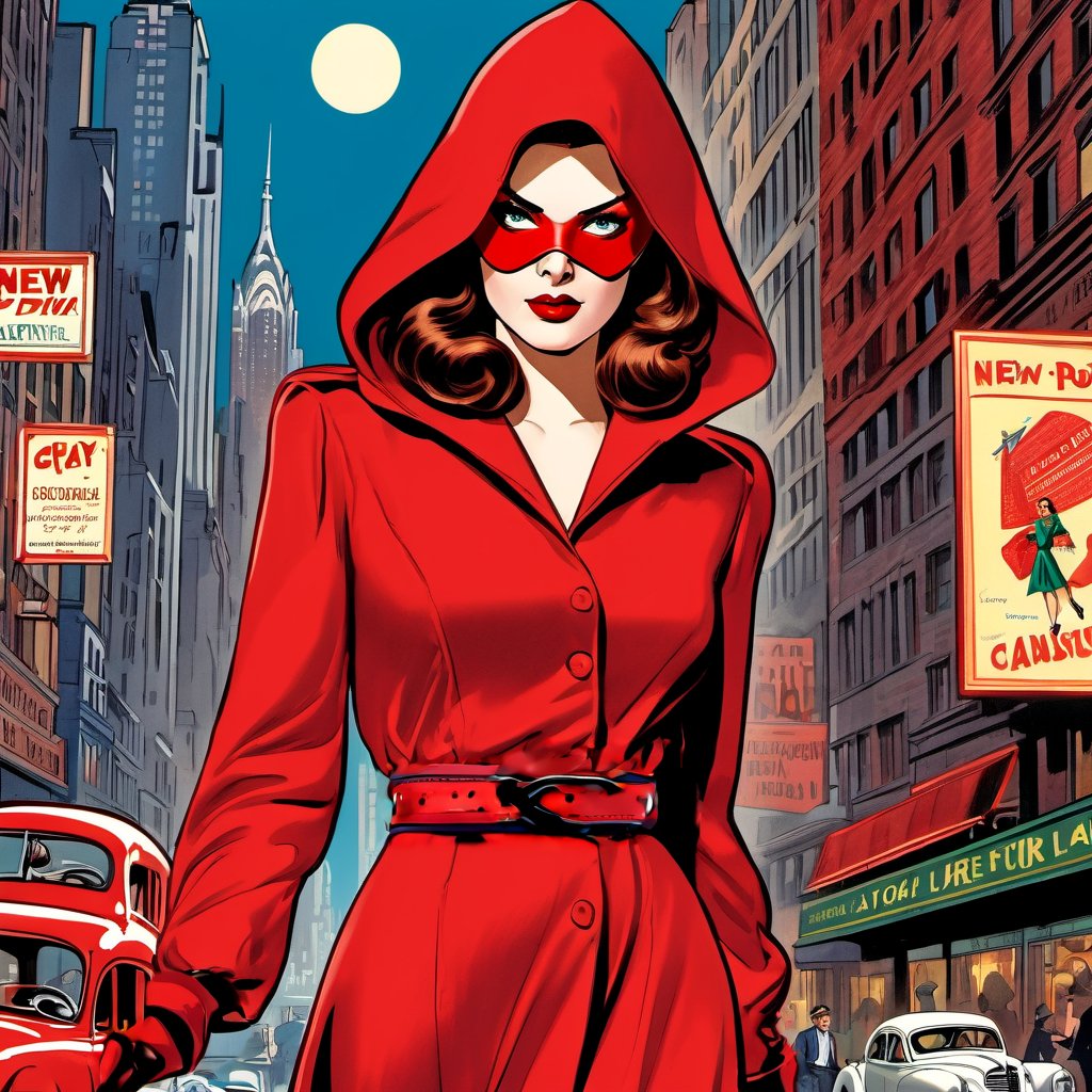 InfiniteHeroism's tweet photo. #WomanInRed #heroine.  Like @AIFinity76's "Lady in Red," back in 1940, a costumed heroine Peggy Allen became the "Woman in Red" donning a crimson costume and fighting ⚖️crime in the pages of #Nedor's #ThrillingComics. (fan image by Jeffrey Imm, using http://hotpot ai). /1of2 https://t.co/mzxFRm5dkL