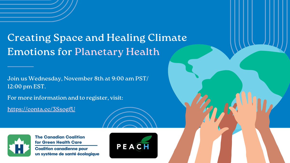 Tomorrow, join us as we welcome speakers Anna Gunz, Kady Cowan and Nate Charach to discuss how we can help individuals express feelings of #climategrief and transform them into planetary healing.
<a href="/PEACH_HealthON/">PEACH Health Ontario</a> 

Register here 👉 conta.cc/3SsogfU