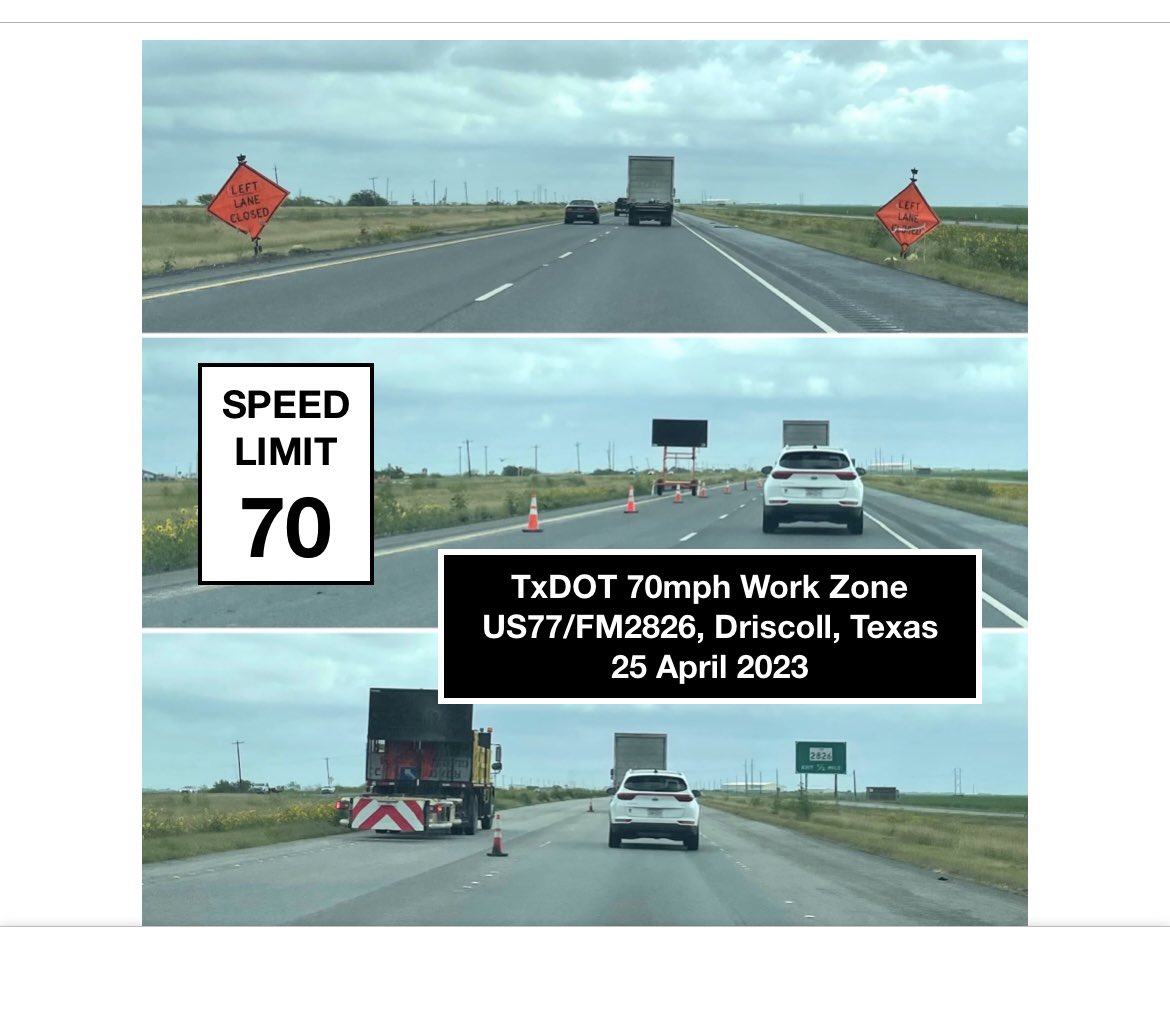 zero_texas's tweet photo. @TxDOTCommission At MAR2023 @TxDOTCommission mtg, I spoke against #TxDOT’s 70/75mph #SpeedLimits in #WorkZones.
Comm. New was adamant the deadly practice was a thing of the past.
In APR2023 I photo-documented 3 such deadly work zones;
US59 Pierce TX,
i10 Columbus,
US77 Driscoll.
Now i10 Boerne TX https://t.co/gNRDqf5KjK