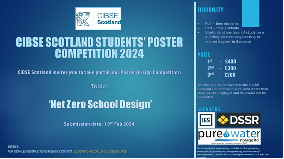 CIBSEScot's tweet image. The CIBSE Scotland Student Poster Competition is live.

If you&apos;re a student on a Building Services or related Engineering degree in Scotland, you could be eligible to enter.

For detailed instructions, contact:
EducationScotland@CIBSE.org
