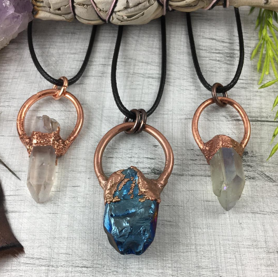 Electroformed Crystal Pendants - Peacock Blue, Smoky and Crystal Quartz. #roguesalvagegifts #rogue518 #electroformed #crystaljewelry #healingjewelry #handcraftedgifts #uniquejewelry #smallbiz #creativesoul #selflove