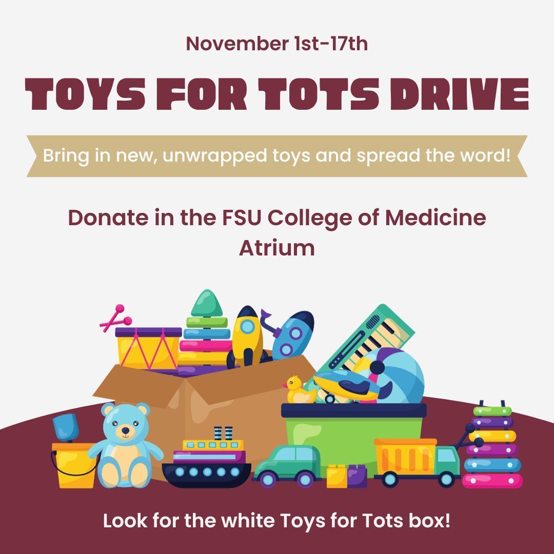 FSUMedLibrary's tweet photo. Join us in spreading holiday cheer by donating new and unwrapped toys for children. Your generosity can make a difference! Donations are accepted from November 1st through November 17th. 🎁 🥳 
#ToysForTots #HolidayGiving  #FSUMedicine #FSUMedLibrary #FSUCoM #FSULibraries https://t.co/wJwrxokySI