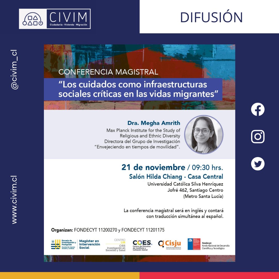 En esta oportunidad, extendemos la invitación de nuestras coinvestigadoras Carolina Ramírez y Carol Chan a asistir al Seminario Internacional, del cual también participan, y Conferencia Magistral sobre infraestructuras sociales críticas. 
📍21 de noviembre a las 09:30 hrs, UCSH.