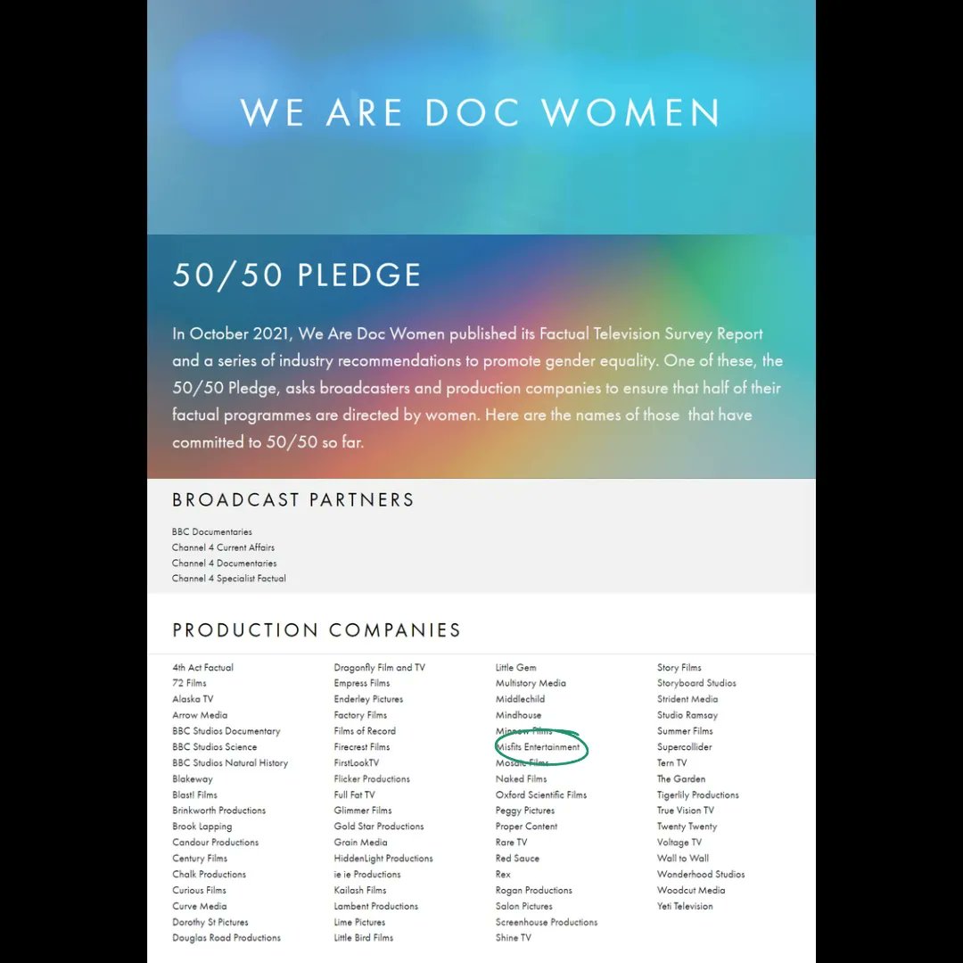 Misfits are thrilled to announce we've signed up to the 50/50 pledge! 75% of Misfits current Doc productions are helmed by women – a statistic we’re proud of and aim to continue. @WeAreDocWomen @lizziegillett @ianbonhote @clairtitley