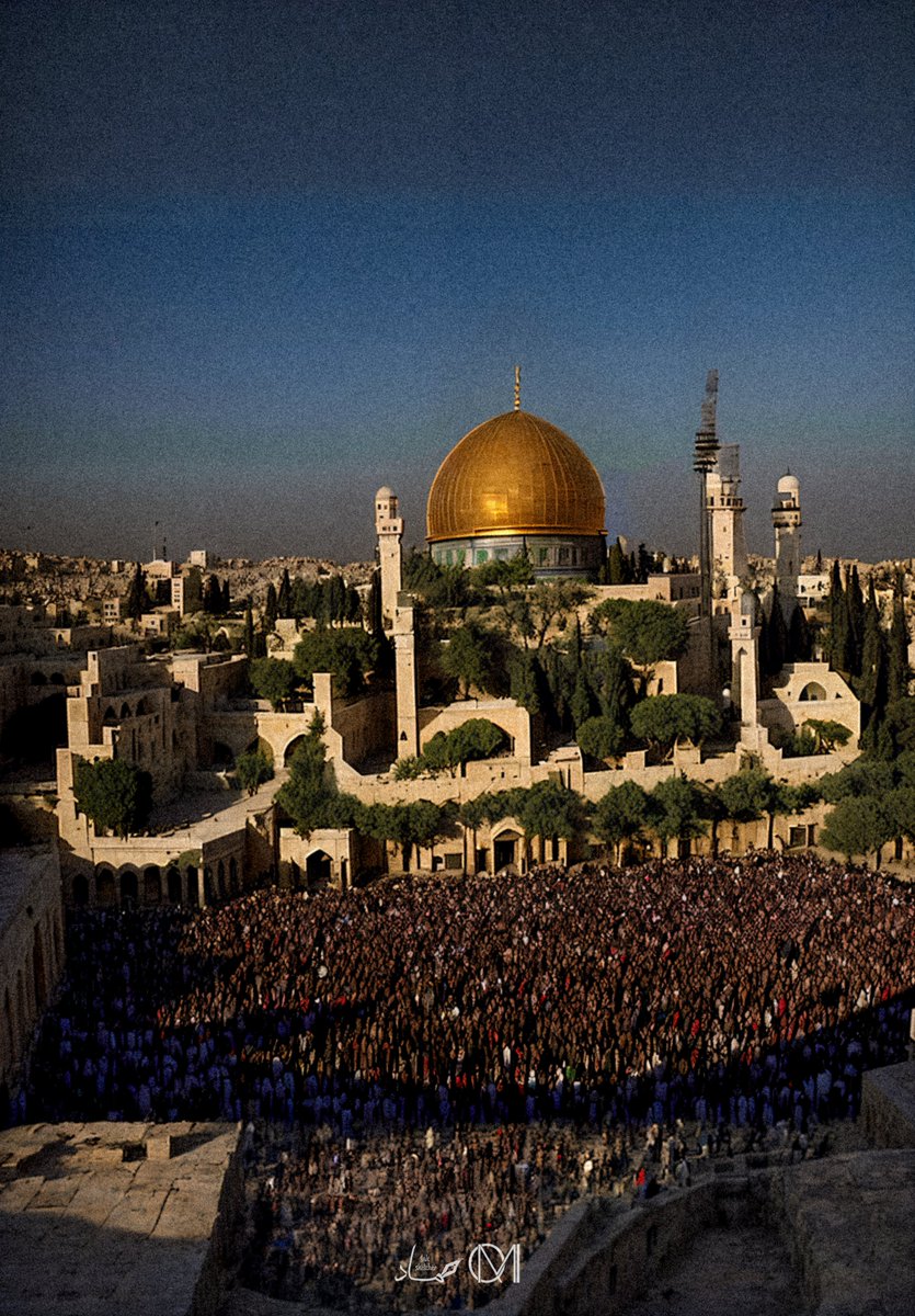 InkSketcher's tweet photo. A Unified Al Aqsa - A hybrid view of the alaqsa complex with a scene visualing a return to the blessed lands with unity amongst the masses with 'Palestine' calligraphy embedded.
.
A collaboration between Myself and studio_mqi on instagram. 
#alaqsa #palestine #islamicart #AI https://t.co/W1tJC2r5nS