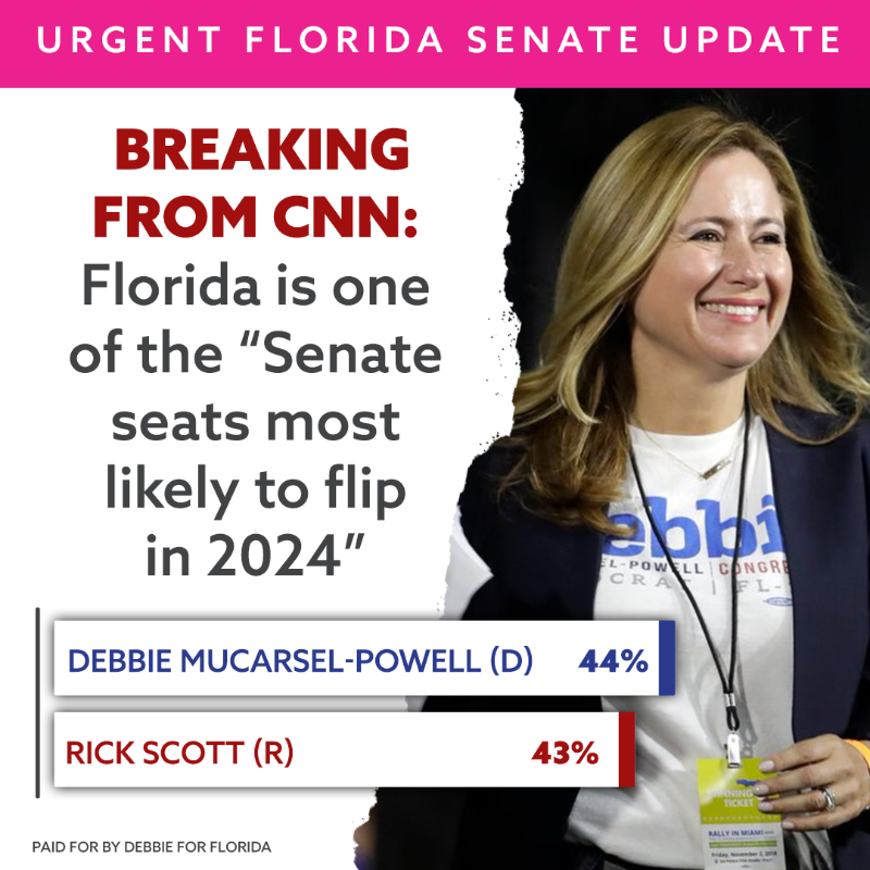 DebbieforFL's tweet photo. Did you know that Rick Scott (R-FL) only won his Senate seat by 10,033 votes?

And he had to spend $64 MILLION of his own wealth to do it. Now, I'm polling 1 point ahead of him in the polls. Please, will you donate now to help me maintain this narrow lead?