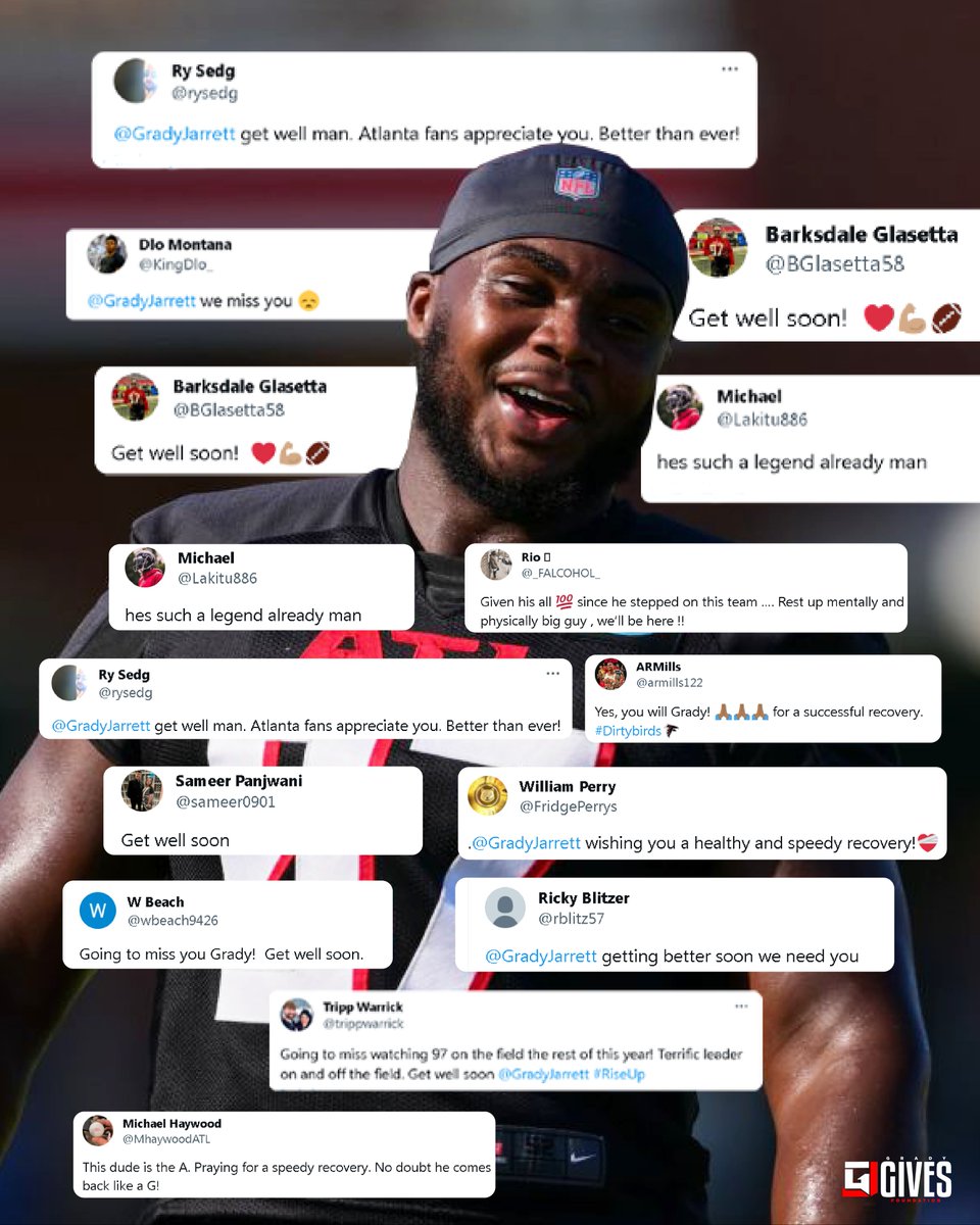 We are grateful for all the support that our founder @gradyjarrett.  has received❤🙏🏾 

The Comeback of #97 will be legendary!

#GradyJarrett #GradyGives #Falcons