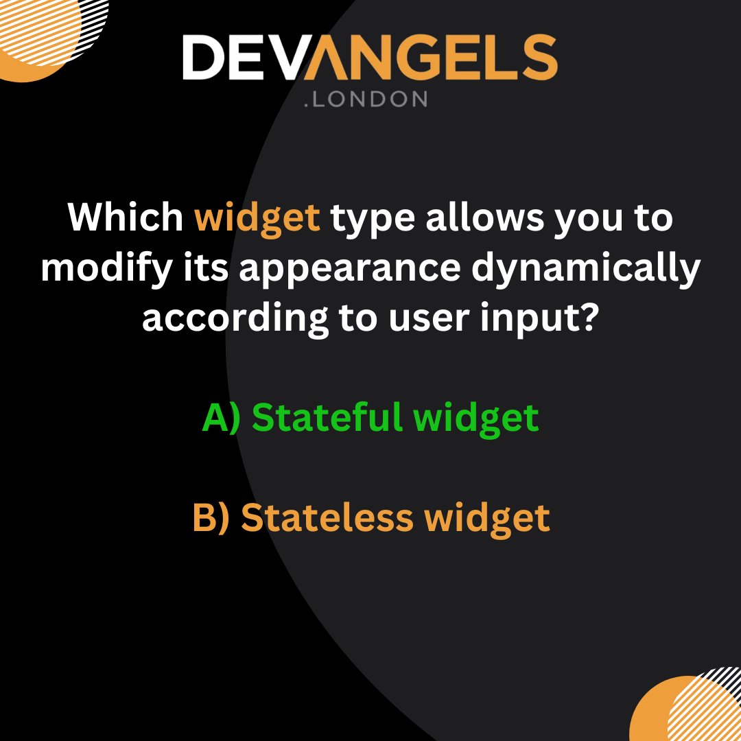 DevAngelsLtd's tweet image. The correct answer to our most recent quiz question was A) Stateful widget.

Well done if you got it right - follow us for more quizzes like this one!

#flutterexpert #appdevexpert #appdev #flutter #flutterdev #dart #mobileapp #mobileappdev