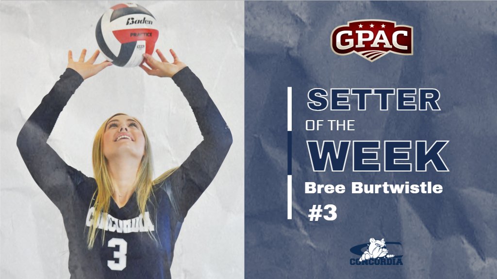 🏐 <a href="/breeburtwistle/">Bree Burtwistle</a> 

🏅 GPAC Setter of the Week

📊 Averaged 14.14 assists/set last week as <a href="/cunevolleyball/">Concordia Bulldogs Volleyball</a> defeated No. 18 Midland and DWU; ranks #3 nationally for assists/set (11.83).

🔗 cune.edu/athletics/team…