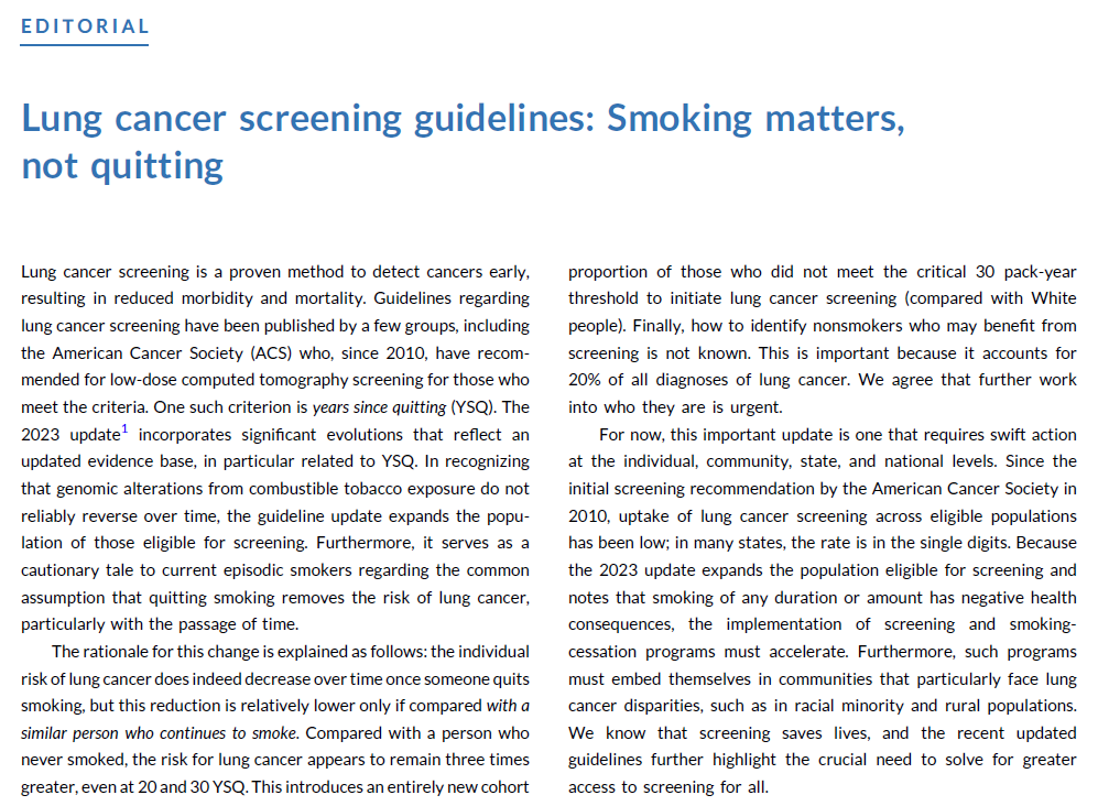 CACancerJournal's tweet image. Editorial by @drdonsdizon @arifkamalmd on @AmericanCancer #lungcancer screening guideline emphasizes that smoking of any duration has negative health consequences and calls for the need for implementation of screening and #smokingcessation programs. 

acsjournals.onlinelibrary.wiley.com/doi/full/10.33…