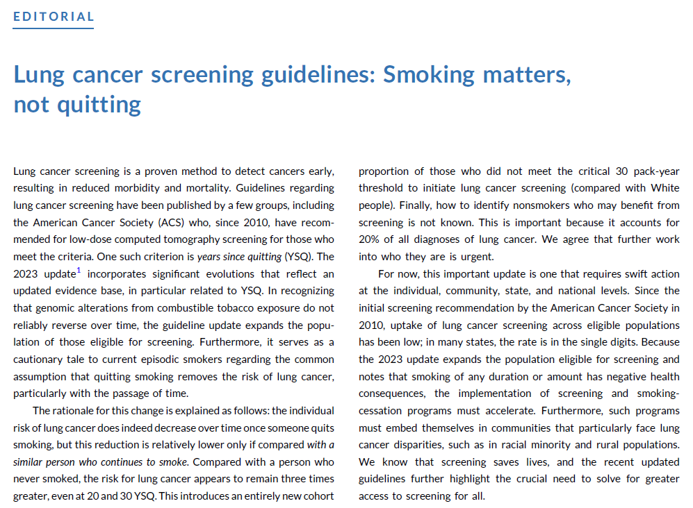 Editorial by @drdonsdizon @arifkamalmd on @AmericanCancer #lungcancer screening guideline emphasizes that smoking of any duration has negative health consequences and calls for the need for implementation of screening and #smokingcessation programs. acsjournals.onlinelibrary.wiley.com/doi/full/10.33…