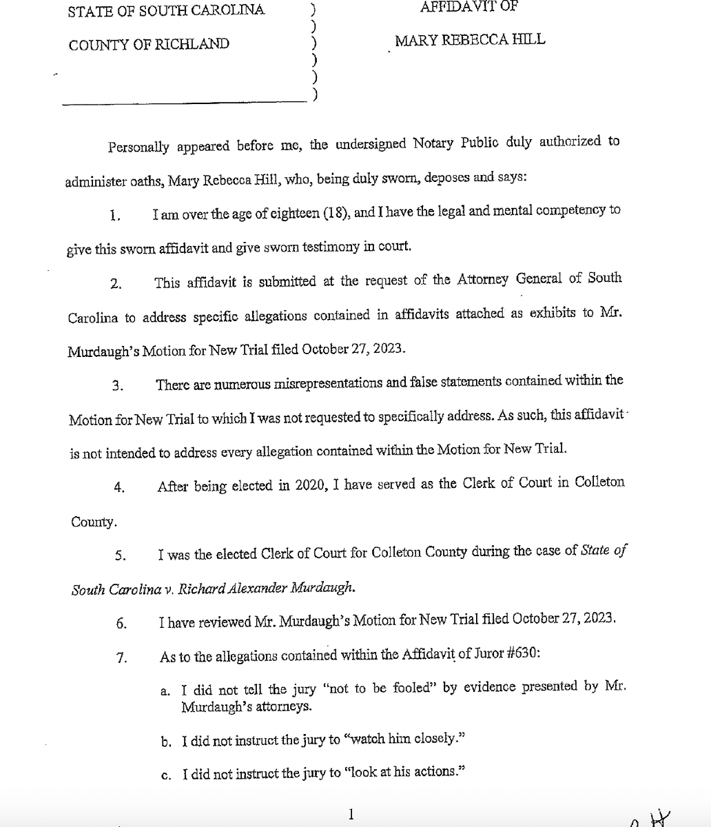 MandyMatney's tweet photo. Here is Becky Hill's  affidavit, where she firmly denies the allegations launched by Alex Murdaugh and his team of defense attorneys. 

Specifically, she said she didn't tell the jurors to "not be fooled" by Alex Murdaugh. https://t.co/WcCgxxq6FQ