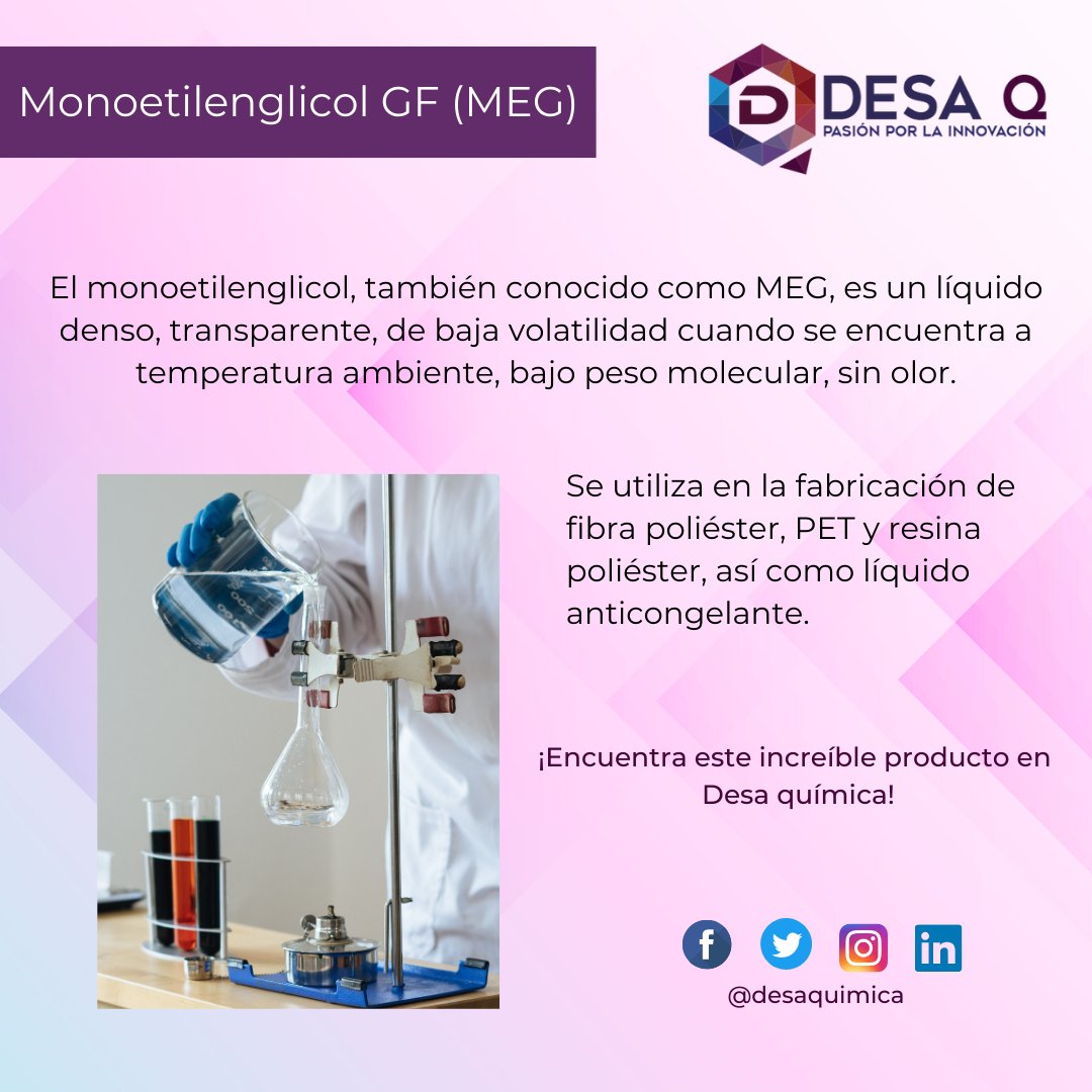DesaQuimica's tweet photo. ¿Sabías qué? El Monoetilenglicol GF se utiliza como anticongelante en los circuitos de refrigeración de motores de combustión interna, como difusor de calor, para fabricar compuestos de poliéster, fabricación de PET y como disolvente en la industria de pinturas y plásticos. https://t.co/huTGPvy3M7