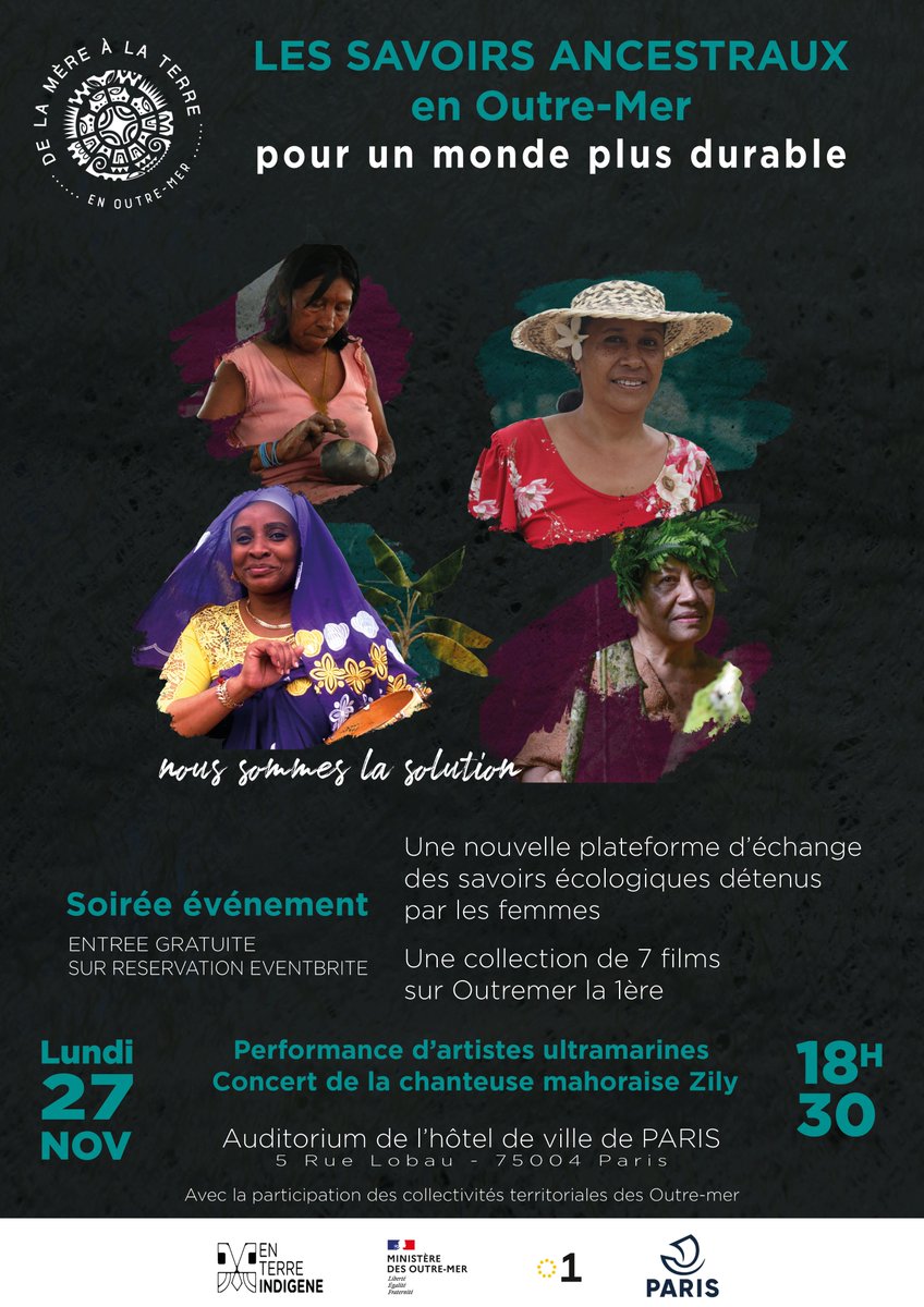 [ÉVÈNEMENT] De la Mère à la Terre en Outre-mer sera lancé le 27 novembre prochain à l’auditorium de l'Hôtel de Ville de <a href="/Paris/">Paris</a> .
Au RDV  : extraits inédits des films réalisés en #Polynésie, en #Guyane, à #Mayotte et à la #Réunion performances d’artistes ultramarines.
THREAD