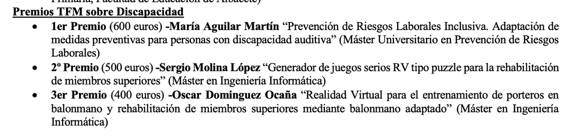 jalbusac's tweet photo. @sergioml2000 y @OscarD43, alumnos @esiuclm en #grupoAIR, obtienen el 2º y 3er premios TFM sobre discapacidad y necesidades educativas especiales del curso 2022-2023 otorgados por el @VEstudianteUCLM de @uclm_es y @bancosantander. Muy orgulloso de vosotros y de vuestro trabajo 👏 https://t.co/kLCQsCmjAW