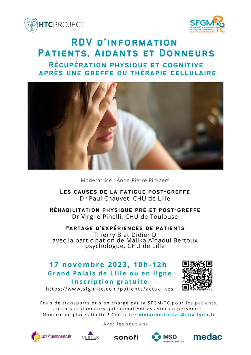 Après ma #greffedemoelleosseuse, j'étais épuisée🥱à bout de force 😫avec des pb de concentration 🧠. Nous parlerons de #fatigue le 17/11 lors du congrès de <a href="/SFGM_TC/">SFGM-TC</a> avec le #HTCProject. ✍️avec couverture possible des frais de transports des patients➡️sfgm-tc.com/patients-et-ai… 🧵1/2