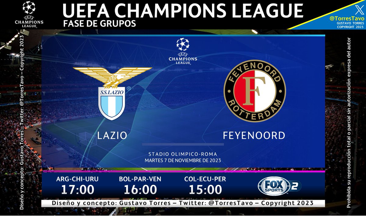Lazio – Feyenoord TV: Fox Sports 2 Narra: @AlejoERivera Comenta: @WalterVargas58 #ChampionsxFOX