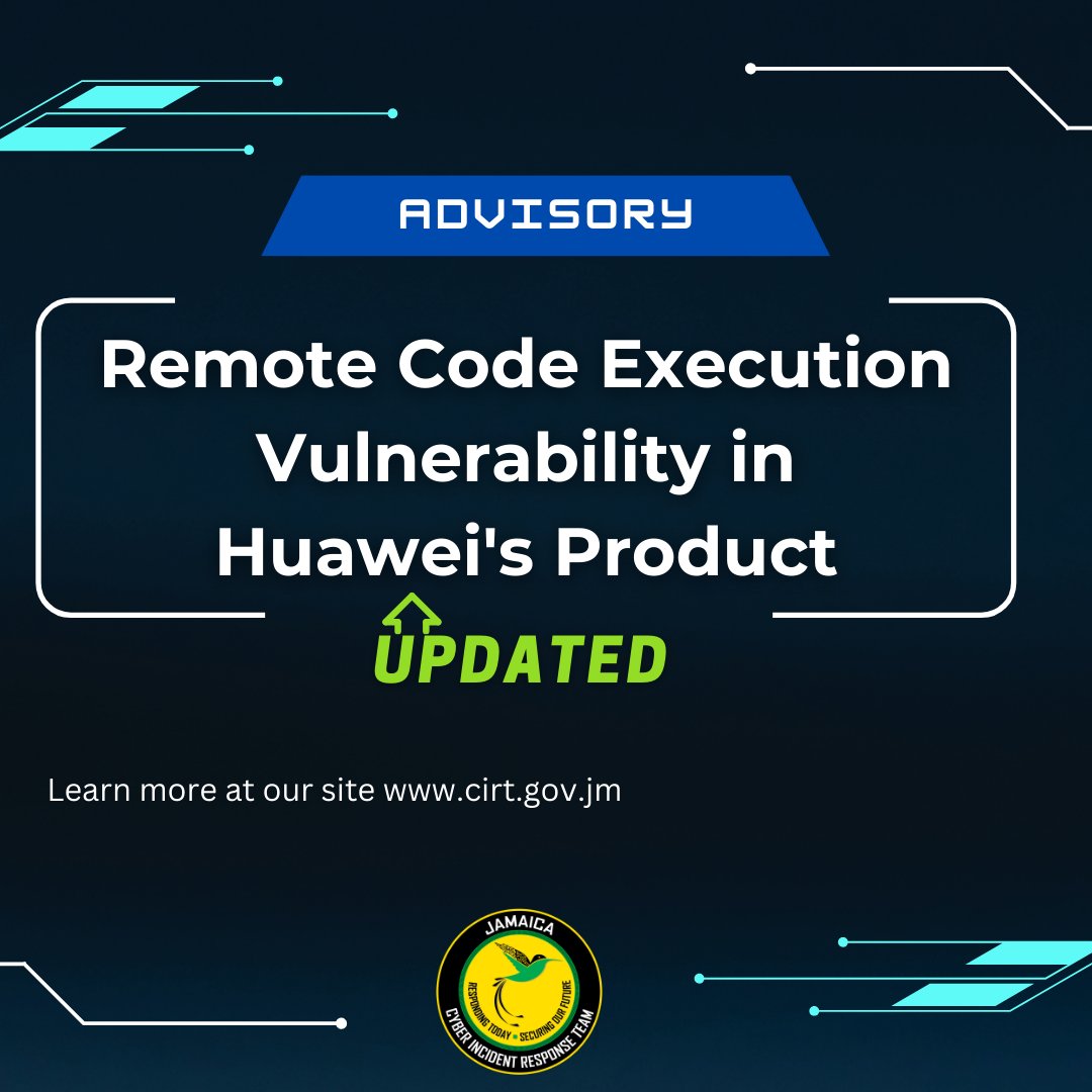 cirtgovjm's tweet image. 🚨Update Alert! 🆙 Our advisory  has been updated ! Now, it includes detailed instructions on how to secure your Huawei HG532 router from CVE-2017-17215. Click below to learn more :
cirt.gov.jm/bulletins/remo…
#SecurityUpdate #RouterProtection 👉📄🔐