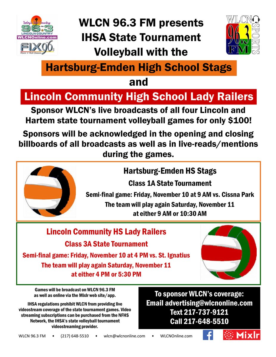 WLCNSports's tweet photo. WLCN will broadcast @LCHSRailers and @HartemStags volleyball from the @IHSA_IL state tourney in Normal. Interested in being a sponsor? You'll get mentions in all 4 games (2 LCHS, 2 H-E) for $100. Email advertising@wlcnonline.com or call (217) 648-5510. Go Lady Railers &amp; Go Stags! https://t.co/zTPj76AB2A