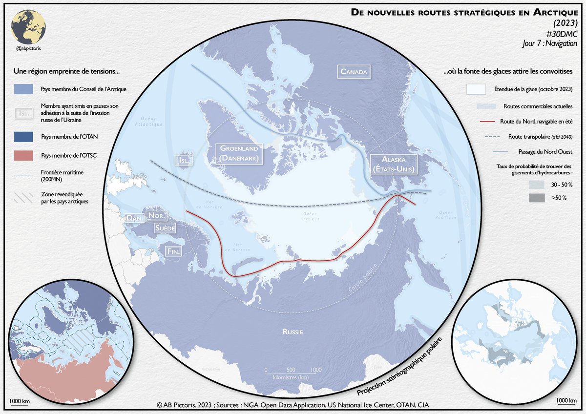 AbPictoris's tweet photo. Jour 7 : Navigation
🗺 De nouvelles routes stratégiques en Arctique (2023)
Sources : NGA Open Data Application, US National Ice Center, OTAN, CIA
Réalisée avec QGIS et Illustrator
#30DayMapChallenge #arctic #map https://t.co/mVbZUTtL8P