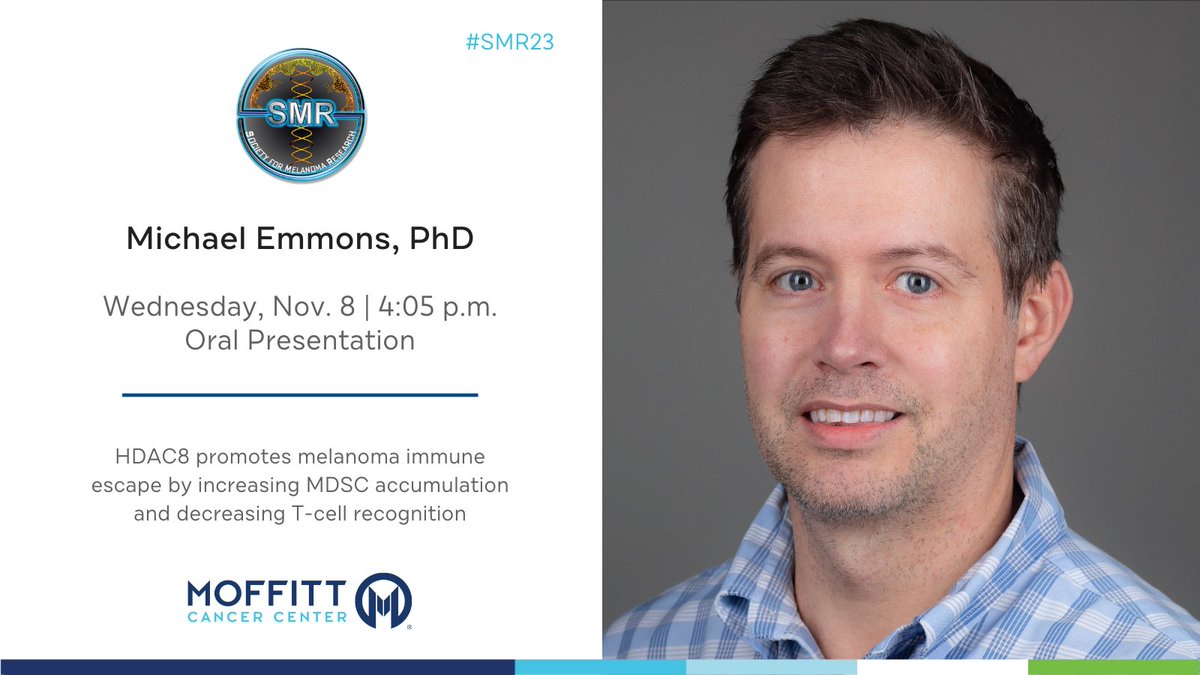 Join Dr. Michael Emmons tomorrow at #SMR23 as he presents on how HDAC8 promotes melanoma immune escape by increasing MDSC accumulation and decreasing T-cell recognition. ⏰: 11/8 4:05 - 4:20 p.m. EST @SocietyMelanoma