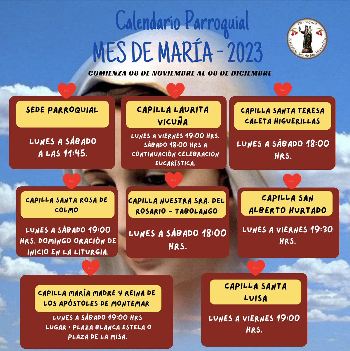 Iglesiadeconcon's tweet photo. Calendario Parroquial del mes de María de todas las capillas. Compartan. https://t.co/ipr20xxe1i