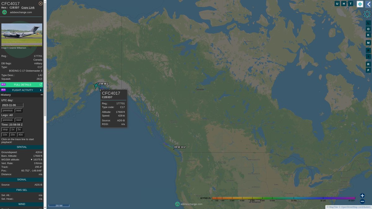 steffanwatkins's tweet photo. ๐จ๐ฆ #RCAF CC-177 Globemaster III 177701 #C2B3D7 call sign #CFC4017 is heading West, after stopping at #CFBComox, and has now stopped in Anchorage, on their way further West? There are a few things going on in that direction that might warrant the help of a heavy transport. https://t.co/ZO1W7yFPja