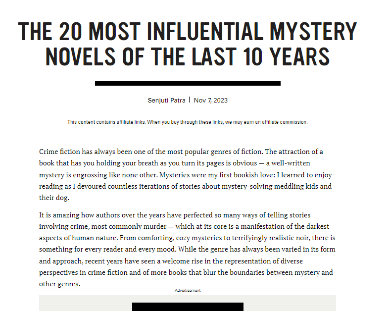 6 years in, my Black Girl Cracks Jokes & Solves Crimes debut, Hollywood Homicide, is really having a moment. So cool to see it on @BookRiot's 20 Most Influential Mystery Novels of the Last 10 Years. Not bad for a book no Big 5 publisher wanted to buy. bookriot.com/influential-re…