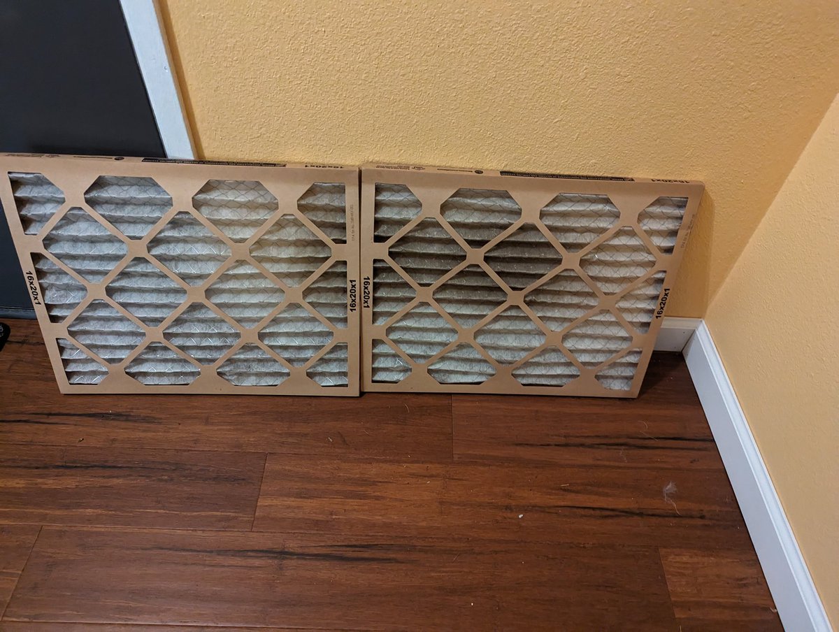 There has been talk about filtering air before blowing it in the house. I just stuck these behind my window fan this summer and didn't do anything to make them air tight to the fan. You can clearly see how much they still caught with a circle for each fan blade! #crbox