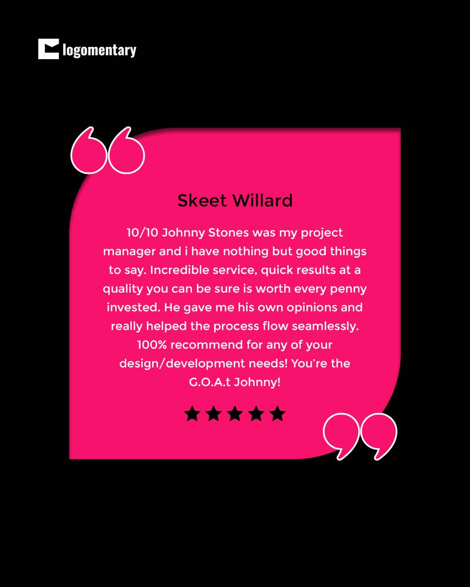 logomentary's tweet image. Where Client #Satisfaction Meets Perfection! Our clients love us, and it shows in their 5-star #reviews. Join the #ranks of delighted #Logomentary customers today.

Connect with us now and discuss more or visit  logomentary.com to know more.

#ClientLove #5StarRatings