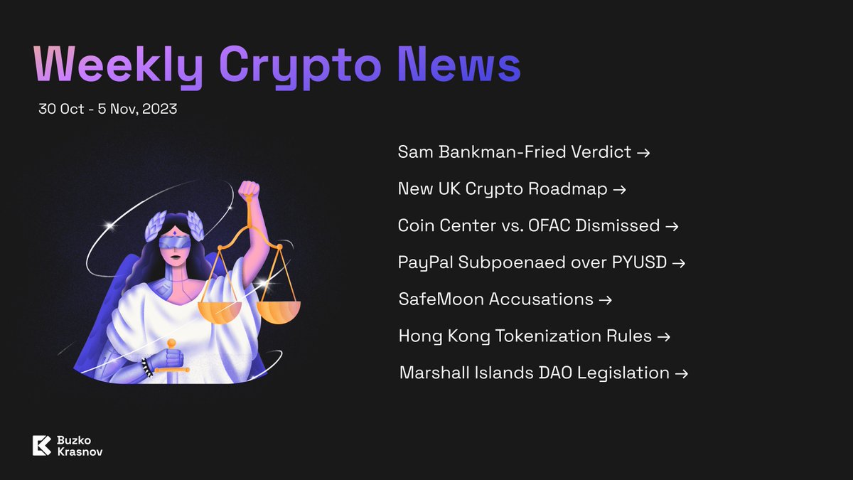 roman_buzko's tweet photo. What happened in the crypto industry last week?

1/ Sam Bankman-Fried Verdict: The jury found Sam Bankman-Fried (SBF) guilty on all seven counts of fraud. Sentencing is scheduled for March 2024, with SBF potentially facing up to 110 years in prison.

2/ New UK Crypto Roadmap: On October 30, 2023, the UK government released a roadmap for the regulation of crypto financial services. This preliminary framework outlines the legal regime for crypto lending, DeFi tools, and regulated activities, aligning closely with Europe's approach under MiCA.

3/ @coincenter vs. OFAC Dismissed: The lawsuit filed by Coin Center against OFAC regarding @TornadoCash was dismissed. The court did not support the plaintiff’s claim that the US Treasury's OFAC overstepped its authority by adding the mixer to the sanctions list.

4/ @PayPal Subpoenaed Over PYUSD: The SEC issued a subpoena to PayPal, requesting documentation related to the PYUSD stablecoin.

5/ @safemoon Accusations: The SEC has accused SafeMoon’s leadership of orchestrating a $200 million fraud.

6/ Hong Kong Tokenization Rules: Hong Kong has established rules governing the asset tokenization process.

7/ Marshall Islands DAO Legislation: The Marshall Islands have amended legislation to regulate DAO registration. @MIDAODS 👋