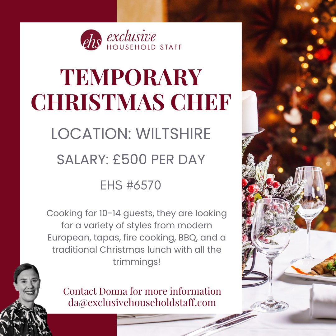 Our HNW client, with a large residence in Salisbury, requires a Temporary Private Chef from 21st-27th December.

exclusivehouseholdstaff.com/vacancies/view…

 #christmaschef #christmasjobs #privatechefjobs #privatechef #temporaryprivatechef #domesticstaff #privatecheffing #wiltshirejobs