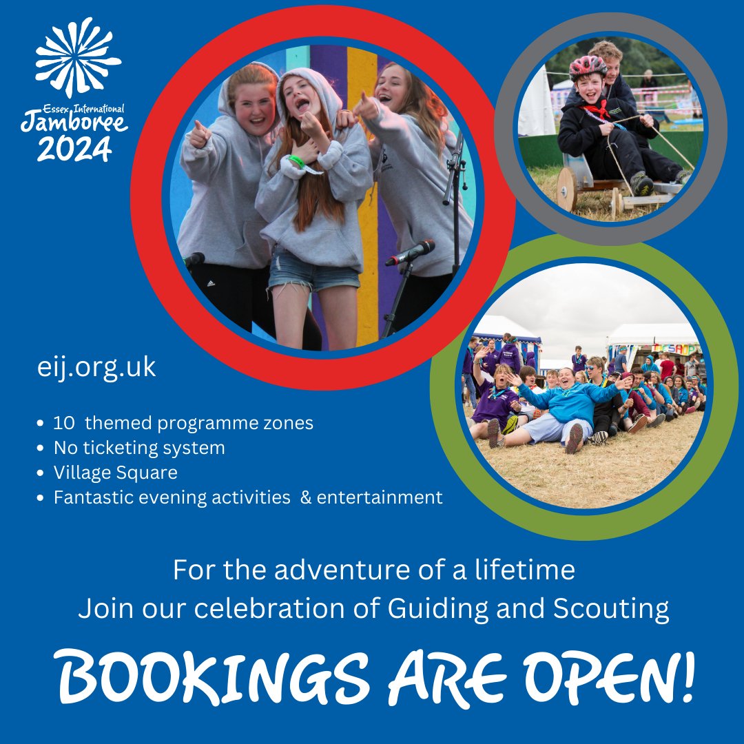 eij2024's tweet photo. 🌍 Bookings are open!  Adventure Awaits at the Essex International Jamboree 2024! 🏕️
Go to https://t.co/VCoCHa9hkx to find out more and how to join us in a “Celebration of Girlguiding and Scouting”!

#eij2024 #Adventure #Girlguiding #Scouting #jamboree #Essex https://t.co/0sNUuemKEB