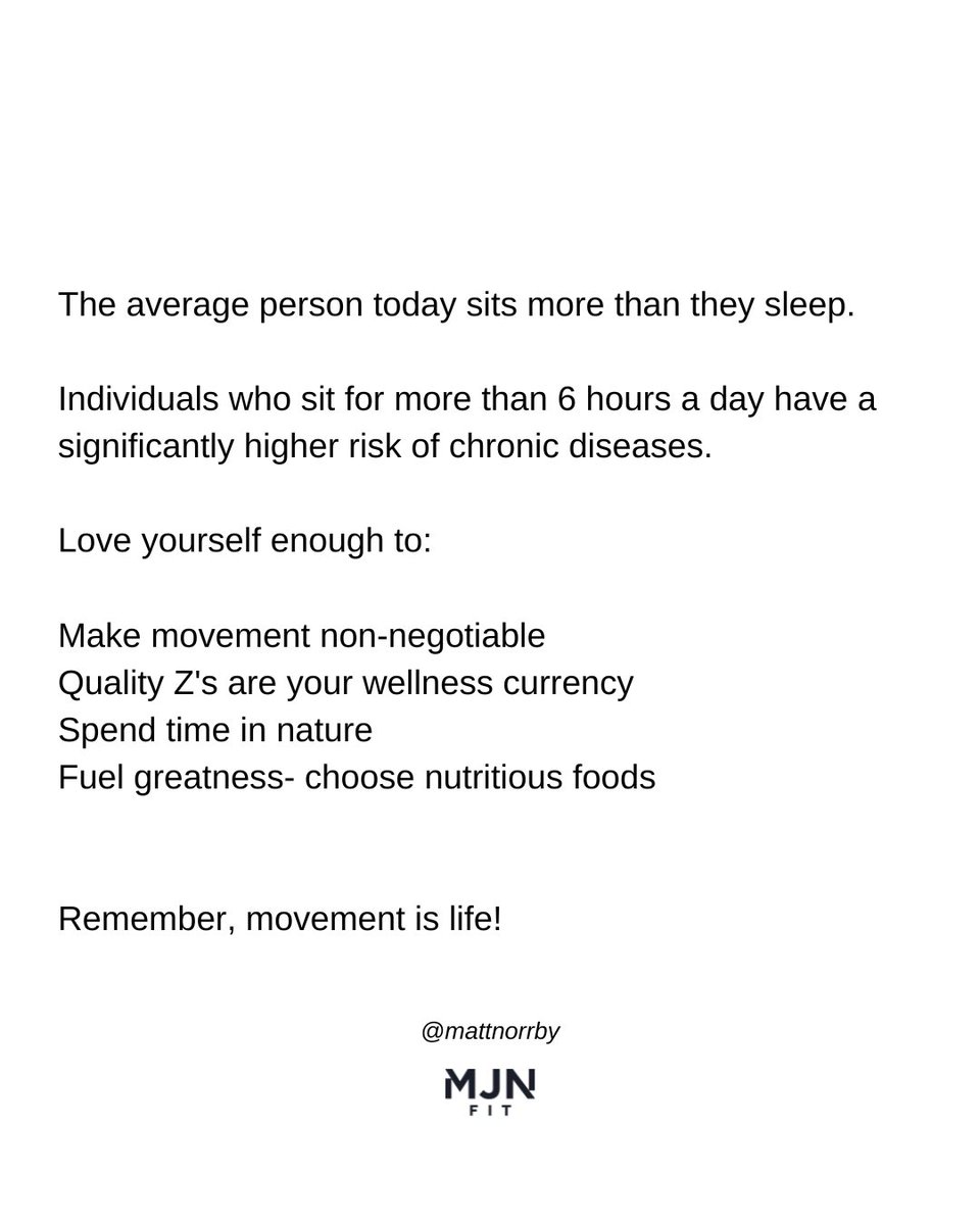 Sitting more than you're sleeping?

Move like your life depends on it - because it does. Eat and sleep with intention, and get outside. Your best self isn't found in a chair. 👊🏼

Movement is life – #MJNFit #Fitness #Health