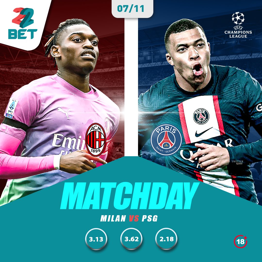 It's top against bottom in #ChampionsLeague Group F play as #PSG travel to Italy 🇮🇹 to take on #ACMilan at the San Siro 🏟️ ⏰ 9:00 PM Stake here 👉🏾 bit.ly/3A5ZOXi #22Bet #Bestodds #UCL