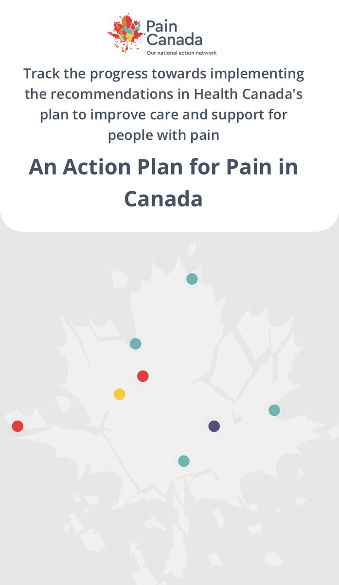 Check this out- ⁦<a href="/pain_canada/">Pain Canada</a>⁩ developed an interactive tool to monitor the implementation of the Action Plan’s 150+ recommendations, which fall under six overarching goals. This pic is of things in progress and includes national #peerSupport initiatives #NPAW2023