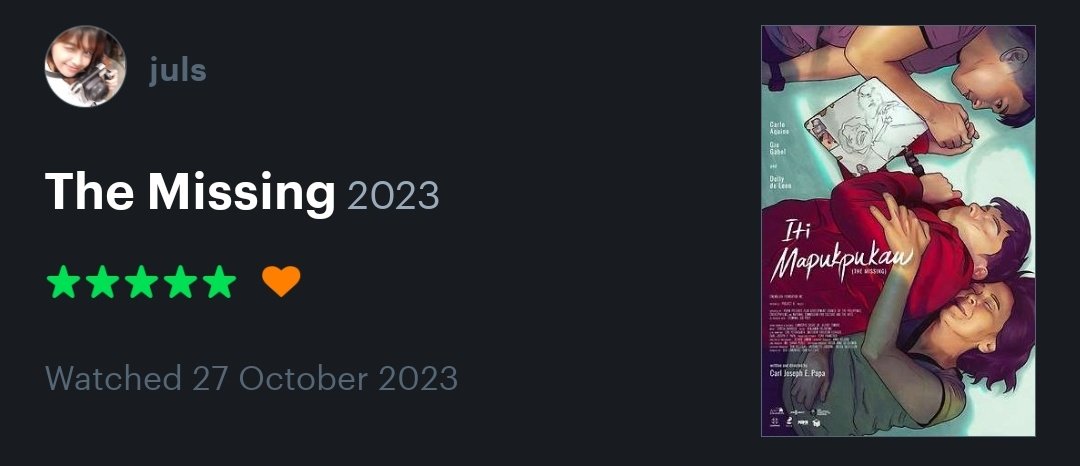 Drop the last movie you watched and rated 5/5.

😗 

#TheMissing #Oscars #ItiMapukpukaw #TheMissingPH #TheMissingPHforOscars2024