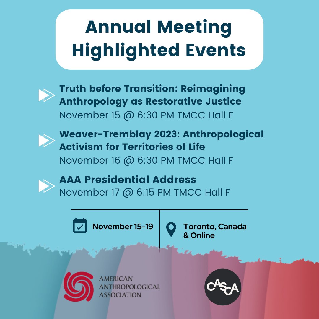 We’re about a week away from the 2023 AAA/CASCA Annual Meeting in Toronto! 

We’ve got an exciting lineup of events coming your way, including the Weaver-Tremblay Address, the Keynote by Kisha Supernant, and much more! What are you most excited about? 

ow.ly/etbg50Q3VHZ