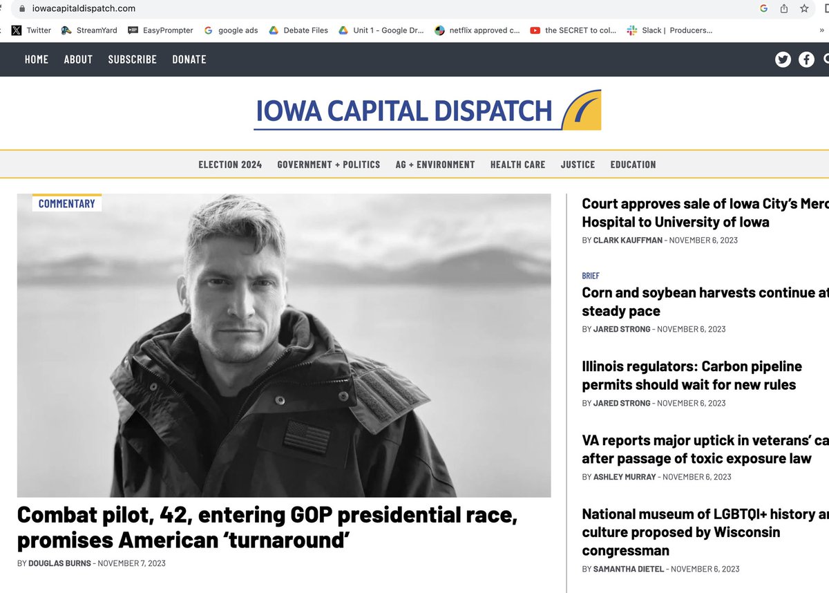 stuckenbergiowa's tweet photo. FRONT PAGE of Iowa Capital Dispatch: ‘Combat pilot, 42, entering GOP presidential race, promises American ‘turnaround’.  @IowaCapDispatch @DrStuckenberg  LINK: https://t.co/9zh95p1bPs https://t.co/C3OCCS5K17