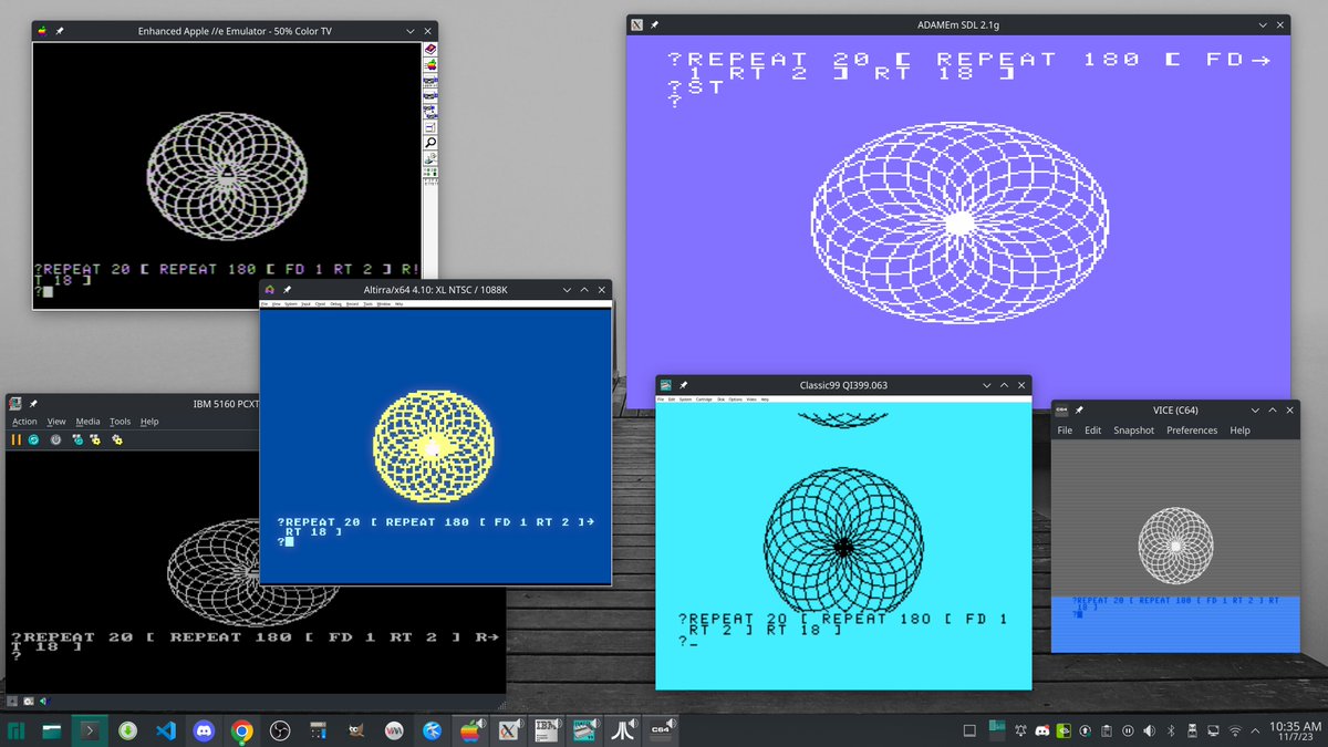 tschak's tweet photo. #eightbit #retrocomputing platforms running versions of #LOGO drawing a hypotrochoid shape. L-R: #Apple2 #ColecoAdam #IBMPC #Atari8bit #TI994A #C64. https://t.co/bMykFBjRaE