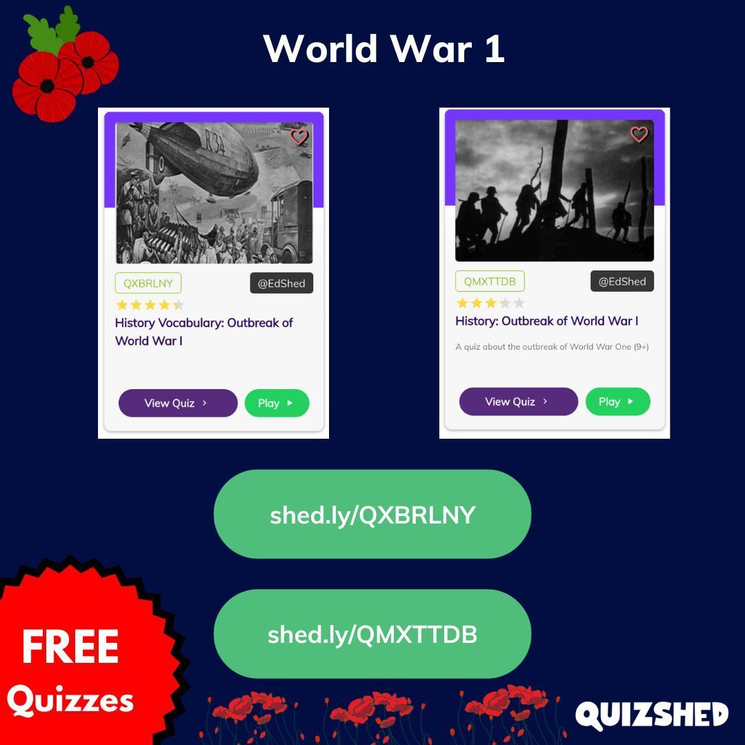 QuizShed's tweet photo. Use these FREE quizzes to support learning about Remembrance Day and World War 1.

History Vocabulary: https://t.co/91VWtVdSyo
History Knowledge: https://t.co/GxpCcb3QSO

Use in class or assign for homework.

#teachers #teacherquizzes #history #historyteachers #RemembranceDay https://t.co/eOQaHp5jb9