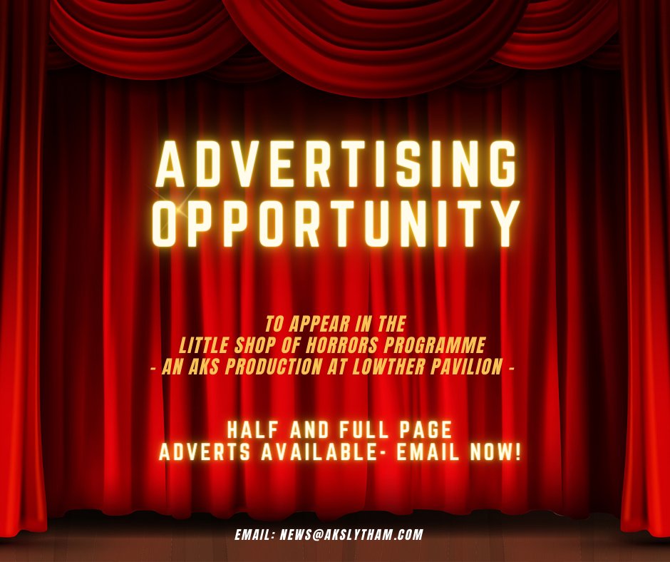Would you like to advertise your business with us? Our school musical Little Shop of Horrors takes place at Lowther Pavilion in January. Advertising space is now available in the A5 high-gloss souvenir programme which will be available at all 4 performances. 
<a href="/AKSDrama/">AKS Drama</a>
