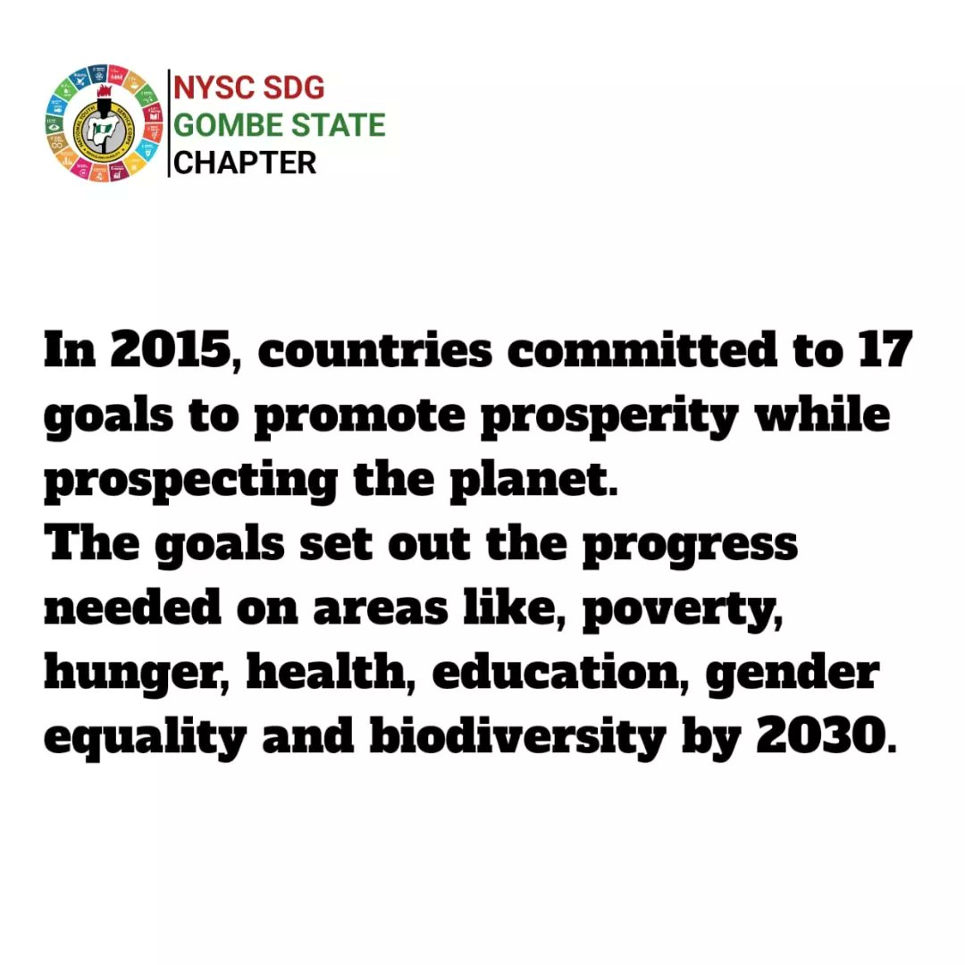 We talk about the 17 Sustainable Development Goals, what are the Goals?

#SDGs #Leaving_No_one_behind #Sustainability  #nysc #nyscgombe #nyscsdgs #gombestate