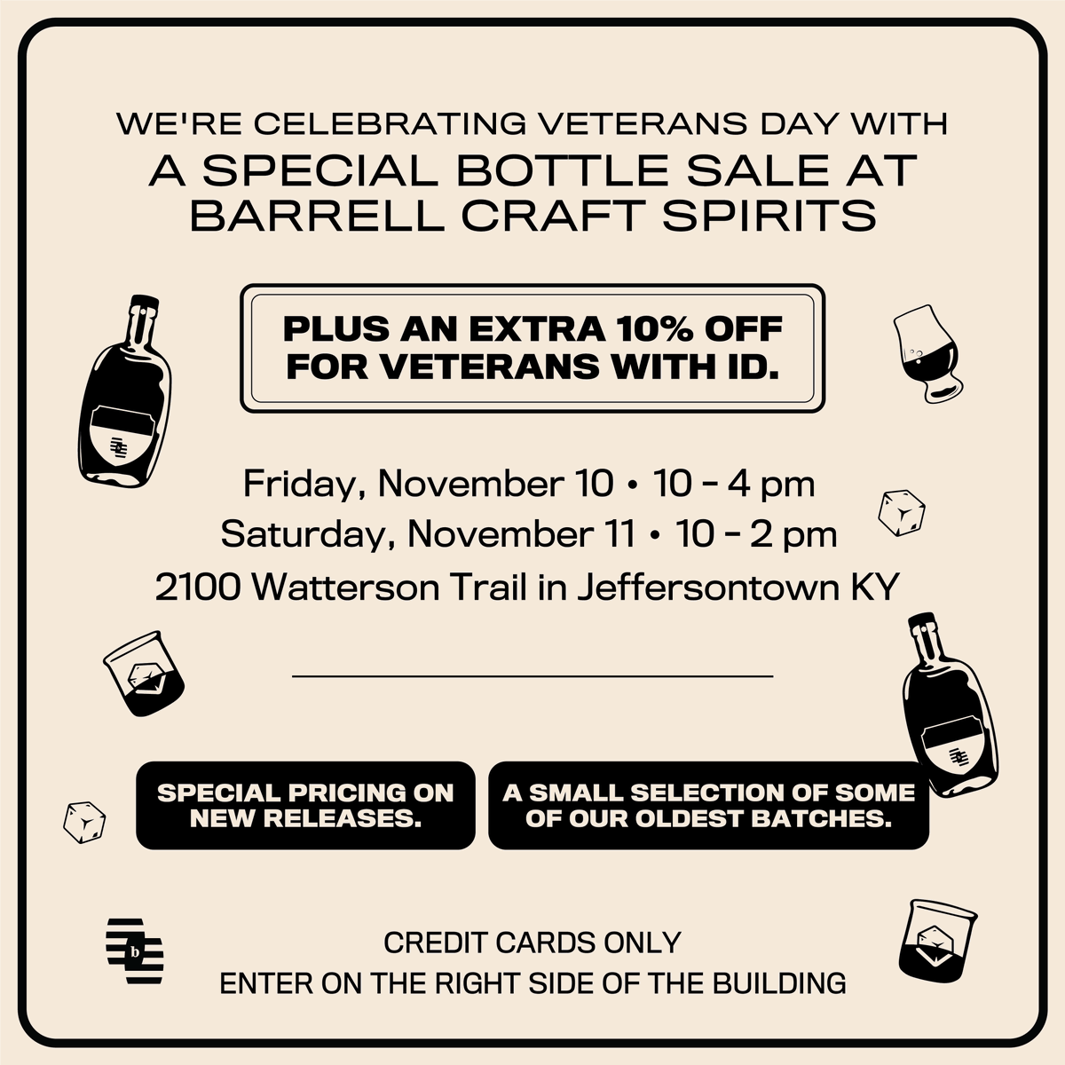 We're celebrating Veterans Day with a special bottle sale at the Barrell Craft Spirits facility in Jeffersontown, KY this Friday and Saturday! Veterans will receive an additional 10% off with ID. 

#BarrellCraftSpirits #VeteransDay #Louisville #Kentucky