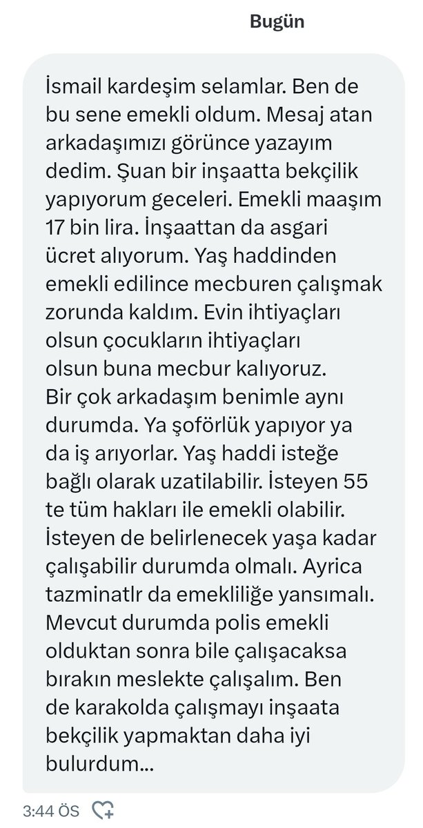 Gözbebegimiz <a href="/EmniyetGM/">Türk Polis Teşkilatı</a>  değerli yöneticileri. Sayın bakanımız <a href="/AliYerlikaya/">Ali Yerlikaya</a> lütfen bu sese kulak verin,onlarca bu şekilde msj alıyorum,duyarsız kalamıyorum. Siz irade sahiplerinden bu konuyla ilgili çalişma yapmanızı bekliyoruz.